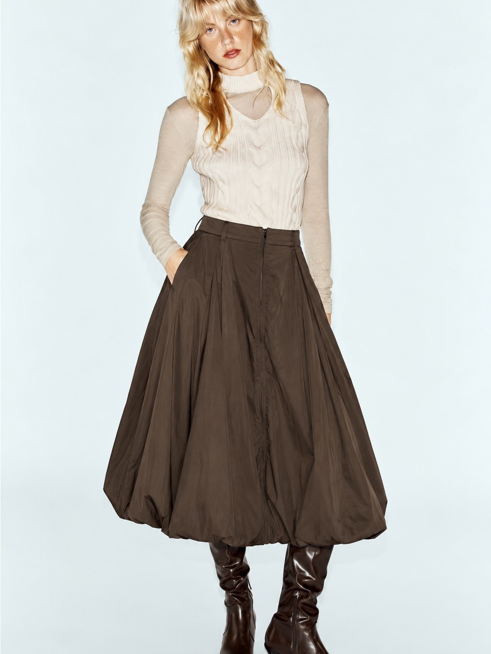 Zara Brown Balloon Midi Skirt Puffy Bubble Hem Front Zip Pockets- Small